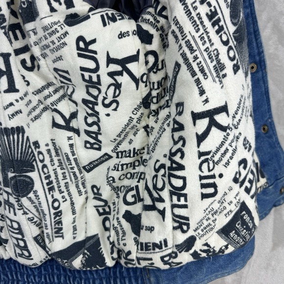 VTG 90s Women's Denim Bomber Jacket AOP Newspaper Print Lined Blue Jean Coat M - Picture 6 of 12